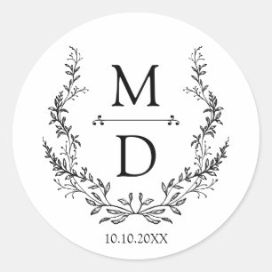 botanische krans initialen monogram trouw elegant ronde sticker