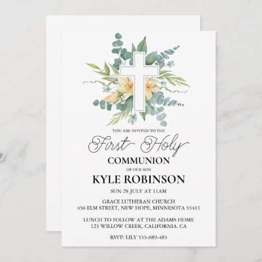 Botanische Kruis Eerste Communie Uitnodigingen (Voorkant / Achterkant)