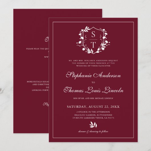 Botanische kuif Bourgondische bruiloft QR-code Kaart (Voorkant / Achterkant)