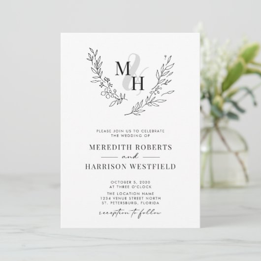 Botanische Laurel Wreath QR Code Monogram Weddensc Kaart (Staand voorkant)