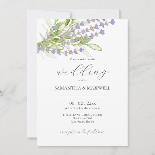 Botanische Lavendel Bruiloft Uitnodiging Waterverf (Voorkant)