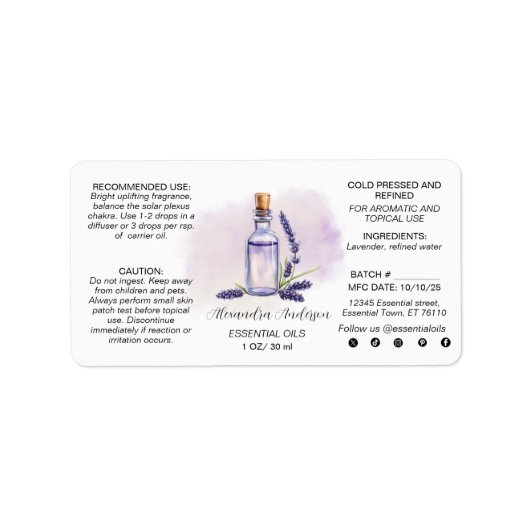 Botanische Lavendel etherische oliën Waterverf Etiket (Voorkant)