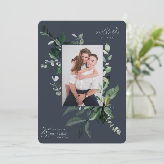 Botanische Leafy Greenery Photo Lijst Save the Dat (Staand voorkant)