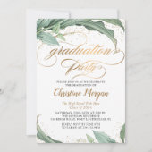 Botanische Leaves Gold Script Graduparty Kaart (Voorkant)