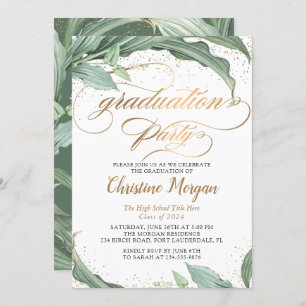 Botanische Leaves Gold Script Graduparty Kaart