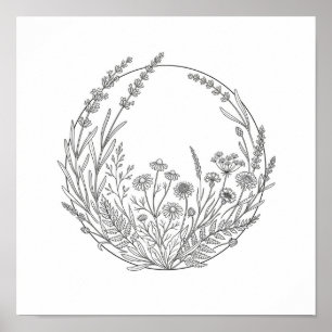 Botanische Lijnkunst Cirkel Kader Vierkante Poster