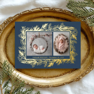 Botanische lijst blauwe winterloof nieuwe baby folie feestdagenkaart