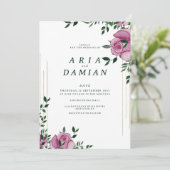 Botanische lila groen gouden roos bloemenbruiloft kaart (Staand voorkant)
