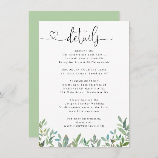 Botanische loof groen hart bruiloft details informatiekaartje (Voorkant / Achterkant)
