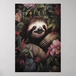Botanische Luiaard Afdruk, Donkere Academie Bloems Poster