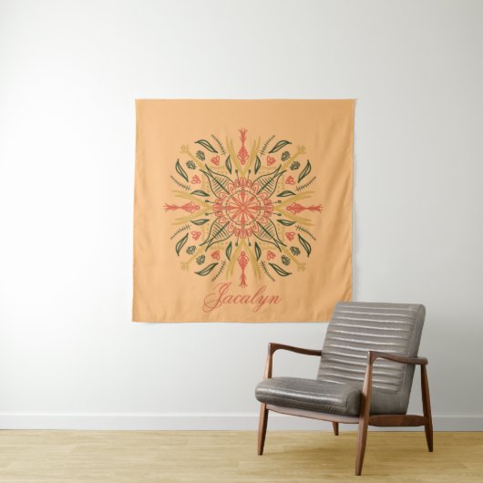 Botanische Mandala Boho Oranje naam Tapestry Wandkleed (In situ)