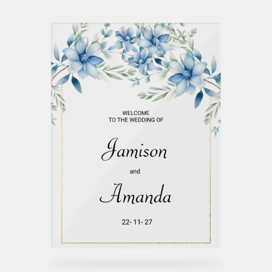 Botanische marine blauwe munt bloemenbruiloft acryl bord (Voorkant)