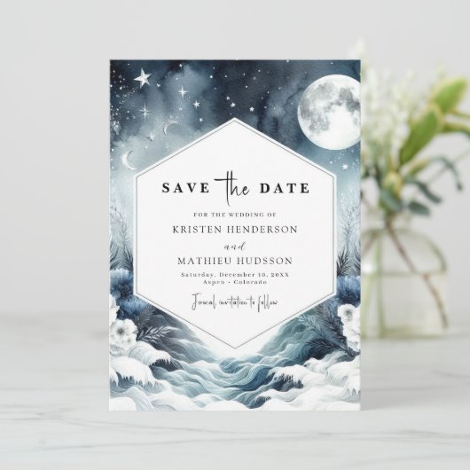 Botanische minimalistische maanverlichte bruiloft save the date (Staand voorkant)