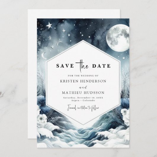 Botanische minimalistische maanverlichte bruiloft save the date (Voorkant / Achterkant)