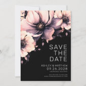 Botanische Moderne Elegante Zwart Roze Bloemen Huw Save The Date (Voorkant)