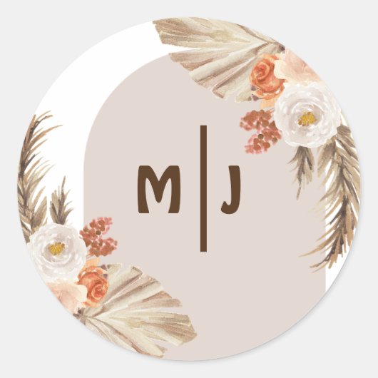 Botanische monogram Boho Pampas Grass Wedding Ronde Sticker (Voorkant)