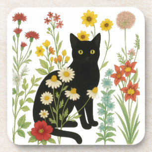 Botanische natuur - Zwarte kat in wilde bloementui Bier Onderzetter
