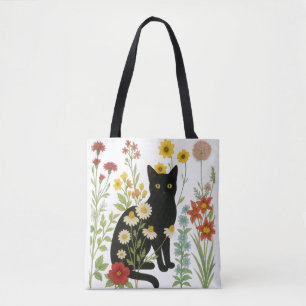 Botanische natuur - Zwarte kat in wilde bloementui Draagtas