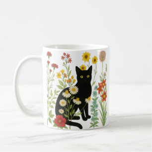 Botanische natuur - Zwarte kat in wilde bloementui Koffiemok