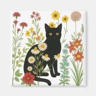 Botanische Natuur - Zwarte Kat in Wilde Bloementui Magneet