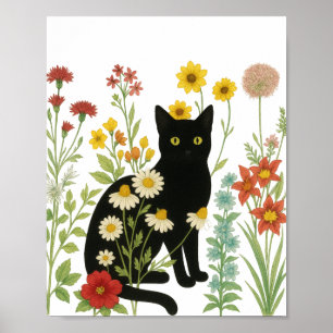 Botanische Natuur – Zwarte Kat in Wilde Bloementui Poster