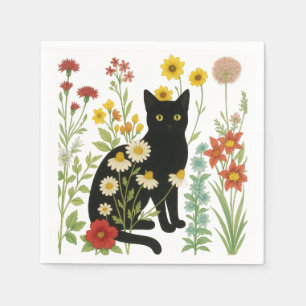 Botanische natuur - Zwarte kat in wilde bloementui Servet