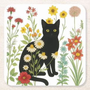 Botanische natuur - Zwarte kat in wilde bloementui Vierkante Kartonnen Onderzetter