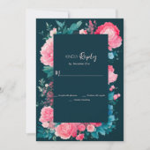 Botanische nordic blauw groen roze bloemen RSVP Kaart (Voorkant)