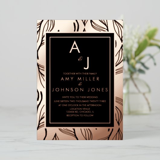 Botanische oliage Leaf Borded Weddenschap geperst Folie Uitnodiging (Staand Voorkant)