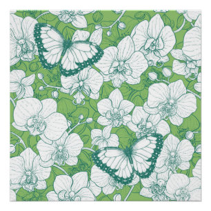 Botanische orchideeën tuin met vlinders in het gro perfect poster
