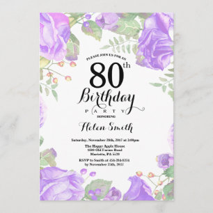 Botanische Paarse Bloemen 80ste Verjaardag Uitnodi Kaart