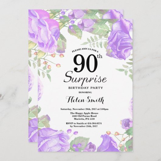 Botanische Paarse Bloemen Verrassing 90ste Verjaar Kaart (Voorkant / Achterkant)