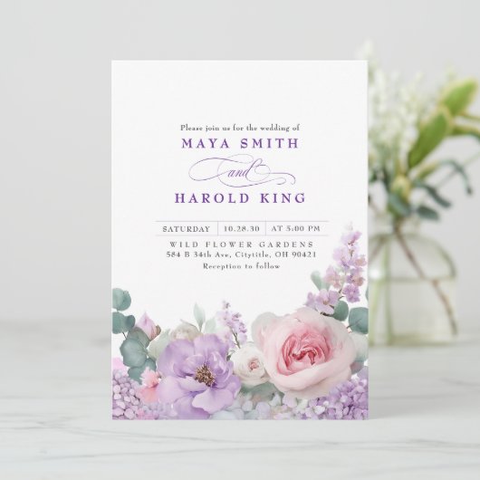 Botanische Paarse en Roze Bloemen Boho Huwelijk Kaart (Staand voorkant)