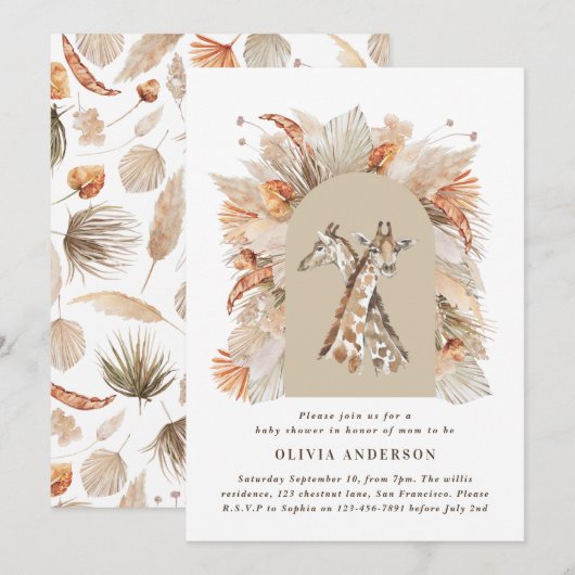 Botanische pampas moderne giraffe safari chic kaart (Voorkant / Achterkant)