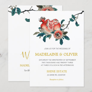 Botanische Pomegranaat Elegant Gold Wedding Kaart