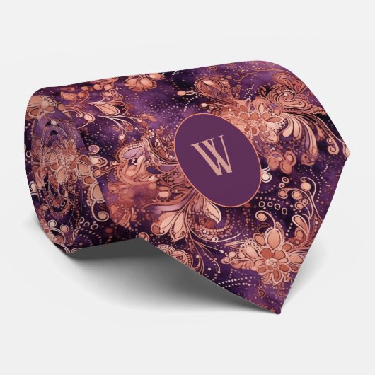 Botanische pruim & Koper Monogram Stropdas (Opgerold)