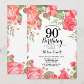 Botanische Rode Bloemen 90ste Verjaardag Uitnodigi Kaart (Voorkant / Achterkant)
