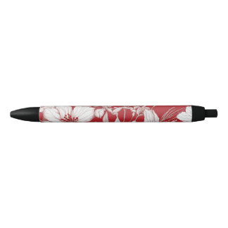 Botanische rode en witte bloemen patroon zwarte inkt pen
