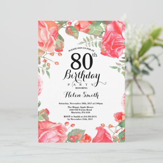 Botanische Rode Floral 80e verjaardag uitnodiging (Staand voorkant)