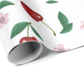 Botanische rode kersen groen & bloesems cadeaupapier (Rol Hoek)