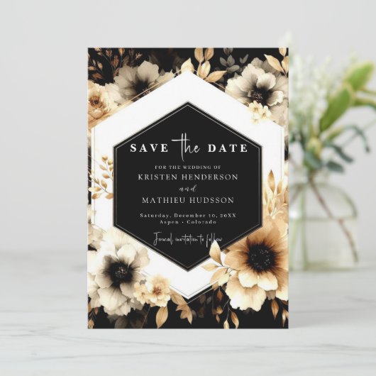 Botanische romantische gouden en zwarte bruiloft save the date (Staand voorkant)