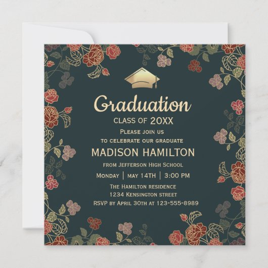 Botanische Rood en Goud Afstudeerfeest Kaart (Voorkant)