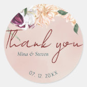 Botanische rood en witte bloemen dank u bruiloft ronde sticker (Voorkant)
