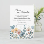 Botanische roze blauwe lente wilde bloemen bruilof kaart (Staand voorkant)