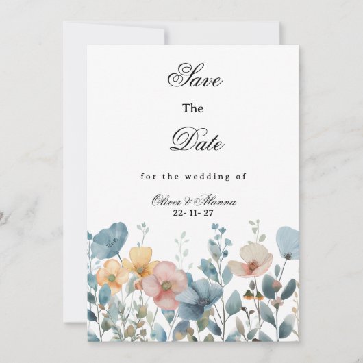 Botanische roze blauwe wilde bloemen Save The Date Kaart (Voorkant)