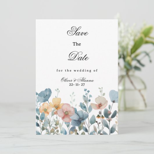 Botanische roze blauwe wilde bloemen Save The Date Kaart (Staand voorkant)
