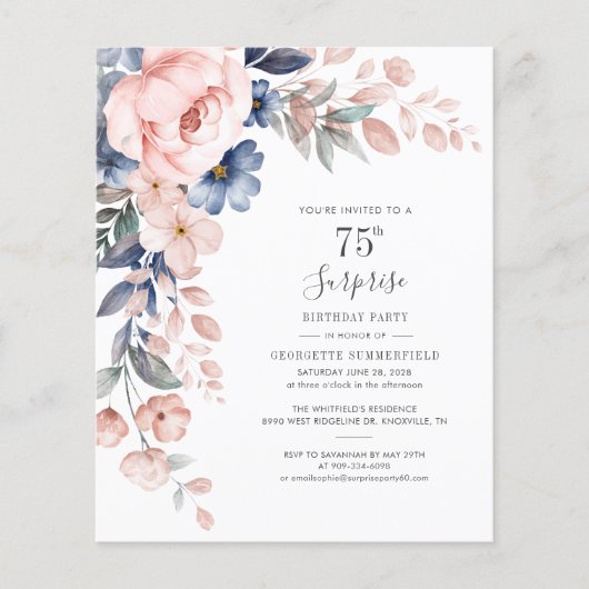 Botanische Roze Bloemen 75e Verjaardag Uitnodiging (Voorkant)