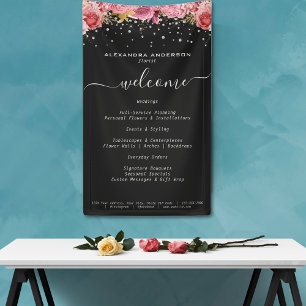 Botanische Roze Bloemen Diamond Glitter Zwart Salo Spandoek