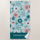 Botanische roze en blauwe lentetuin gepersonalisee strandlaken (Voorkant)