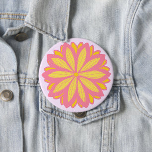 Botanische roze en gele bloem ronde button 4,0 cm